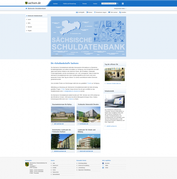 Startseite der Schuldatenbank nach Umstellung auf den Sachsen Styleguide 2.0